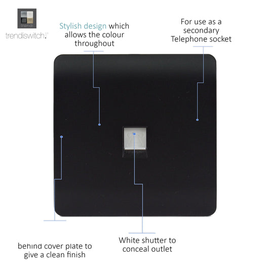 Trendi Switch ART-TLPMBK, Artistic Modern 1 Gang RJ11 Telephone Matt Black Finish, BRITISH MADE, (35mm Back Box Required), 5yrs Warranty - 43943