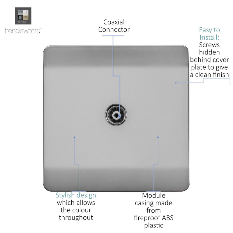 Load image into Gallery viewer, Trendi Switch ART-TVSBS, Artistic Modern TV Co-Axial 1 Gang Brushed Steel Finish, BRITISH MADE, (25mm Back Box Required), 5yrs Warranty - 54286
