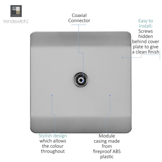 Trendi Switch ART-TVSBS, Artistic Modern TV Co-Axial 1 Gang Brushed Steel Finish, BRITISH MADE, (25mm Back Box Required), 5yrs Warranty - 54286