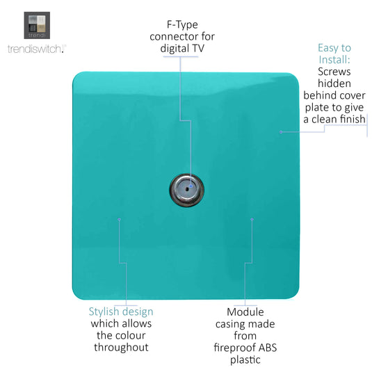 Trendi Switch ART-TVSBT, Artistic Modern TV Co-Axial 1 Gang Bright Teal Finish, BRITISH MADE, (25mm Back Box Required), 5yrs Warranty - 54287