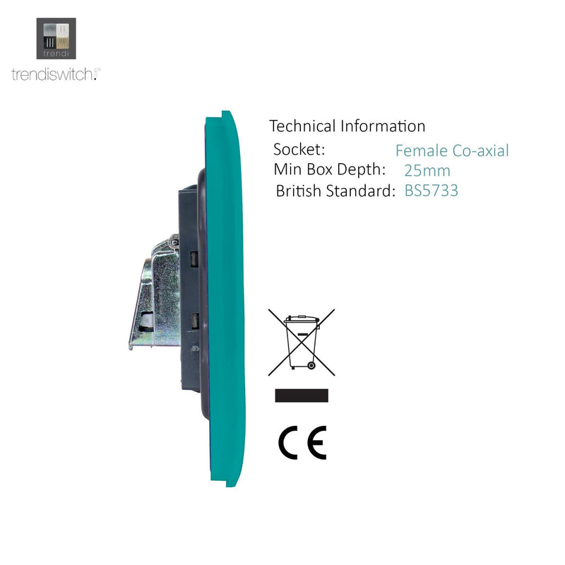 Load image into Gallery viewer, Trendi Switch ART-TVSBT, Artistic Modern TV Co-Axial 1 Gang Bright Teal Finish, BRITISH MADE, (25mm Back Box Required), 5yrs Warranty - 54287
