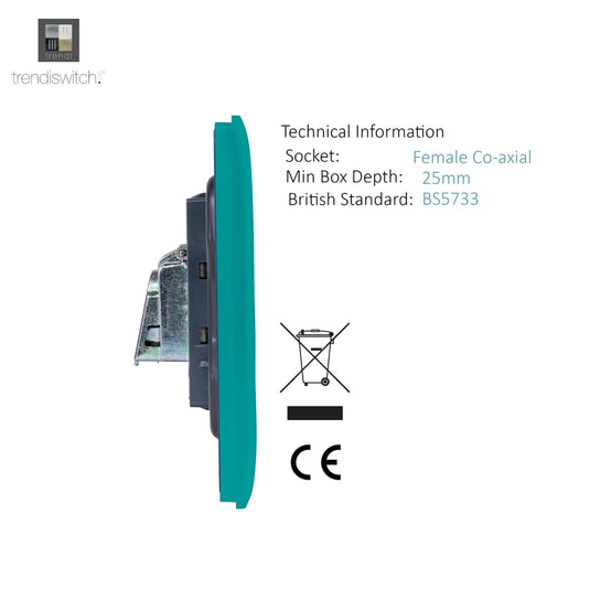 Trendi Switch ART-TVSBT, Artistic Modern TV Co-Axial 1 Gang Bright Teal Finish, BRITISH MADE, (25mm Back Box Required), 5yrs Warranty - 54287