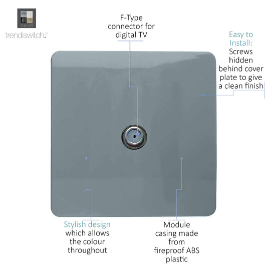Trendi Switch ART-TVSCG, Artistic Modern TV Co-Axial 1 Gang Cool Grey Finish, BRITISH MADE, (25mm Back Box Required), 5yrs Warranty - 54288