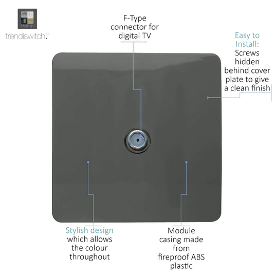 Trendi Switch ART-TVSCH, Artistic Modern TV Co-Axial 1 Gang Charcoal Finish, BRITISH MADE, (25mm Back Box Required), 5yrs Warranty - 54289