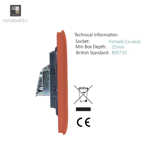 Trendi Switch ART-TVSCPR, Artistic Modern TV Co-Axial 1 Gang Copper Finish, BRITISH MADE, (25mm Back Box Required), 5yrs Warranty - 54290