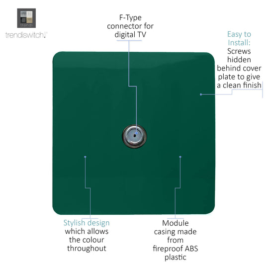 Trendi Switch ART-TVSDG, Artistic Modern TV Co-Axial 1 Gang Dark Green Finish, BRITISH MADE, (25mm Back Box Required), 5yrs Warranty - 54292