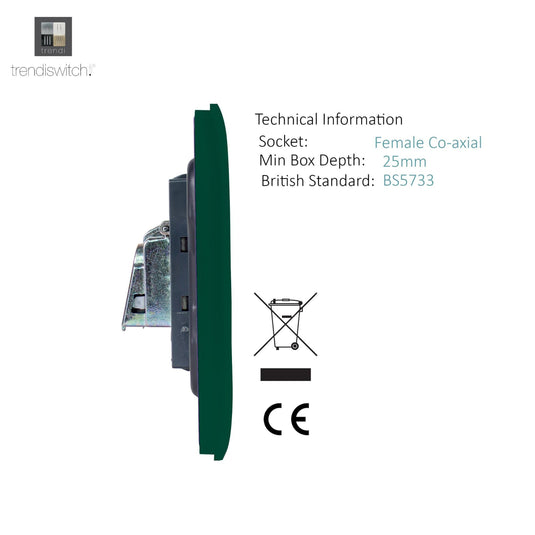 Trendi Switch ART-TVSDG, Artistic Modern TV Co-Axial 1 Gang Dark Green Finish, BRITISH MADE, (25mm Back Box Required), 5yrs Warranty - 54292