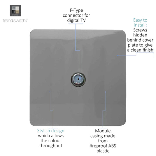 Trendi Switch ART-TVSLG, Artistic Modern TV Co-Axial 1 Gang Light Grey Finish, BRITISH MADE, (25mm Back Box Required), 5yrs Warranty - 54293