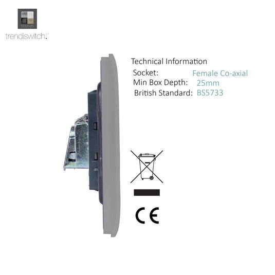 Trendi Switch ART-TVSLG, Artistic Modern TV Co-Axial 1 Gang Light Grey Finish, BRITISH MADE, (25mm Back Box Required), 5yrs Warranty - 54293