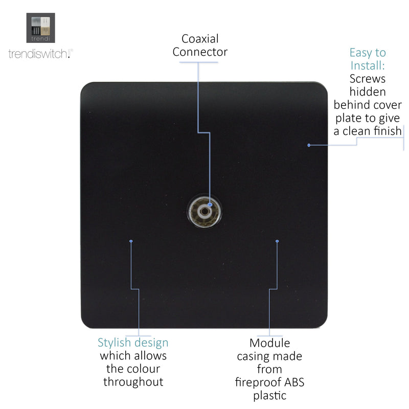 Load image into Gallery viewer, Trendi Switch ART-TVSMBK, Artistic Modern TV Co-Axial 1 Gang Matt Black Finish, BRITISH MADE, (25mm Back Box Required), 5yrs Warranty - 43952
