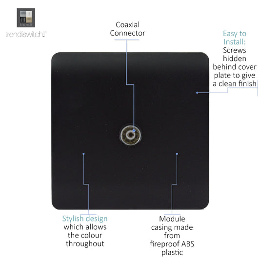 Trendi Switch ART-TVSMBK, Artistic Modern TV Co-Axial 1 Gang Matt Black Finish, BRITISH MADE, (25mm Back Box Required), 5yrs Warranty - 43952