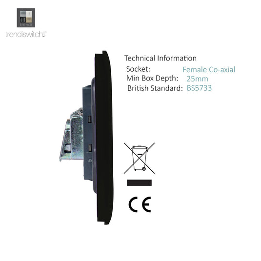 Trendi Switch ART-TVSMBK, Artistic Modern TV Co-Axial 1 Gang Matt Black Finish, BRITISH MADE, (25mm Back Box Required), 5yrs Warranty - 43952