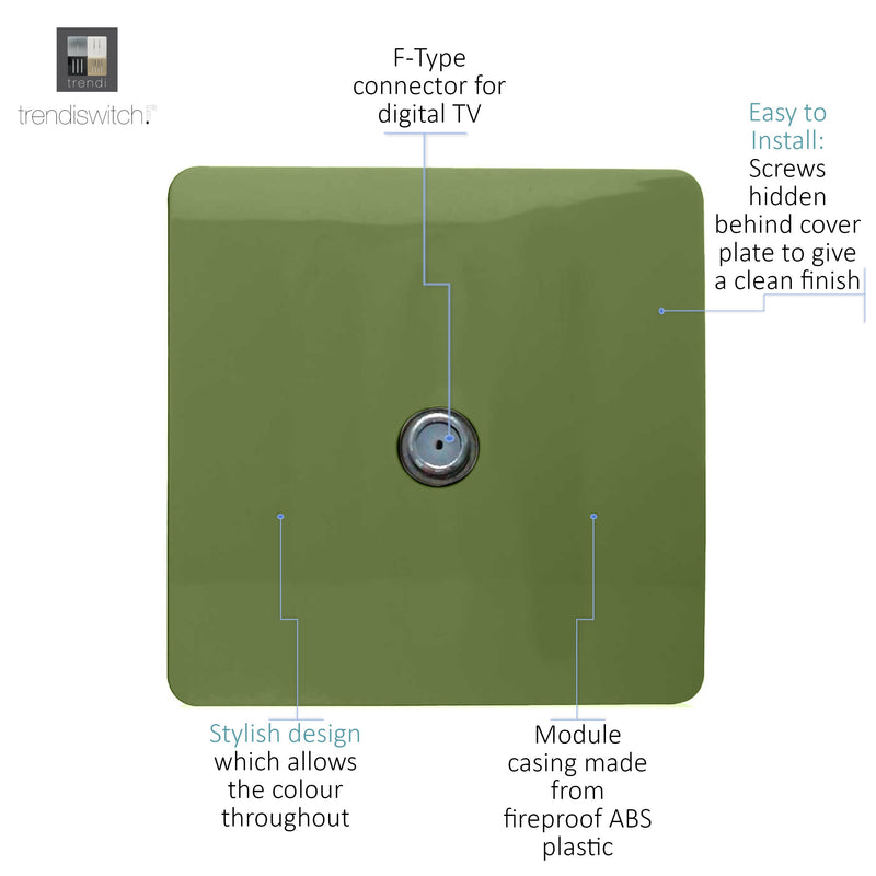 Load image into Gallery viewer, Trendi Switch ART-TVSMG, Artistic Modern TV Co-Axial 1 Gang Moss Green Finish, BRITISH MADE, (25mm Back Box Required), 5yrs Warranty - 54295
