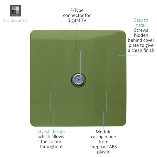 Trendi Switch ART-TVSMG, Artistic Modern TV Co-Axial 1 Gang Moss Green Finish, BRITISH MADE, (25mm Back Box Required), 5yrs Warranty - 54295