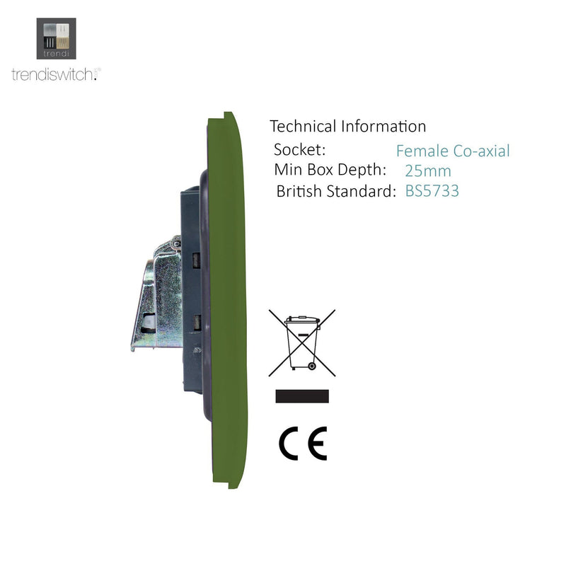 Load image into Gallery viewer, Trendi Switch ART-TVSMG, Artistic Modern TV Co-Axial 1 Gang Moss Green Finish, BRITISH MADE, (25mm Back Box Required), 5yrs Warranty - 54295
