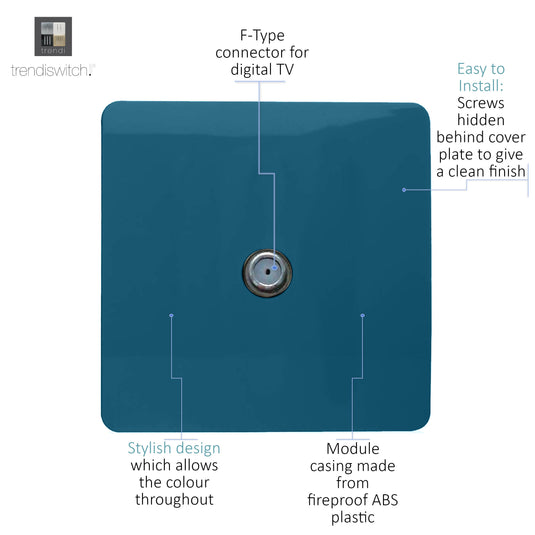 Trendi Switch ART-TVSOB, Artistic Modern TV Co-Axial 1 Gang Ocean Blue Finish, BRITISH MADE, (25mm Back Box Required), 5yrs Warranty - 54297