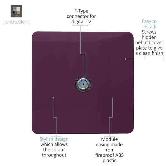 Trendi Switch ART-TVSPL, Artistic Modern TV Co-Axial 1 Gang Plum Finish, BRITISH MADE, (25mm Back Box Required), 5yrs Warranty - 54300