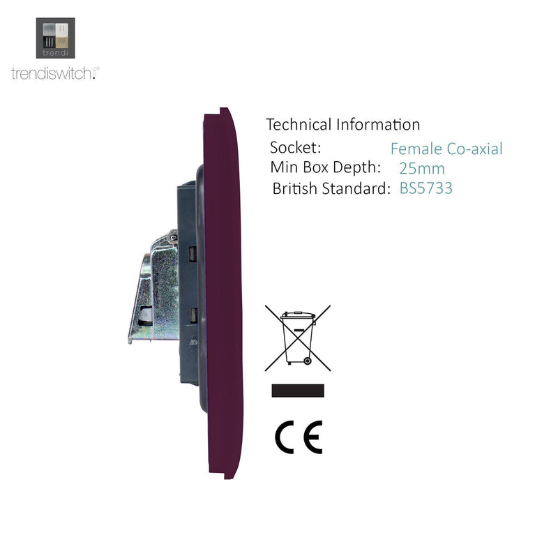 Load image into Gallery viewer, Trendi Switch ART-TVSPL, Artistic Modern TV Co-Axial 1 Gang Plum Finish, BRITISH MADE, (25mm Back Box Required), 5yrs Warranty - 54300
