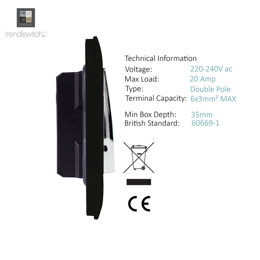 Trendi Switch ART-WHS1BK, Artistic Modern 20 Amp Neon Insert Double Pole Switch Gloss Black Finish, BRITISH MADE, (25mm Back Box Required), 5yrs Warranty - 43955