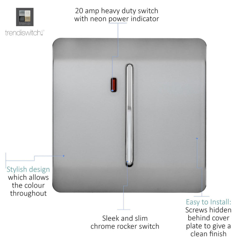 Load image into Gallery viewer, Trendi Switch ART-WHS1BS, Artistic Modern 20 Amp Neon Insert Double Pole Switch Brushed Steel Finish, BRITISH MADE, (25mm Back Box Required), 5yrs Warranty - 54304
