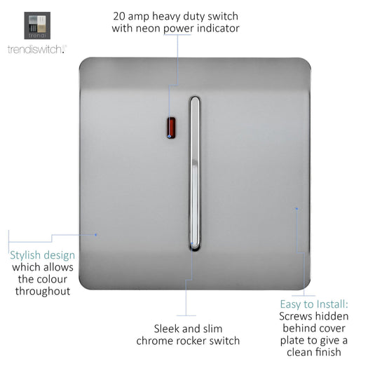 Trendi Switch ART-WHS1BS, Artistic Modern 20 Amp Neon Insert Double Pole Switch Brushed Steel Finish, BRITISH MADE, (25mm Back Box Required), 5yrs Warranty - 54304