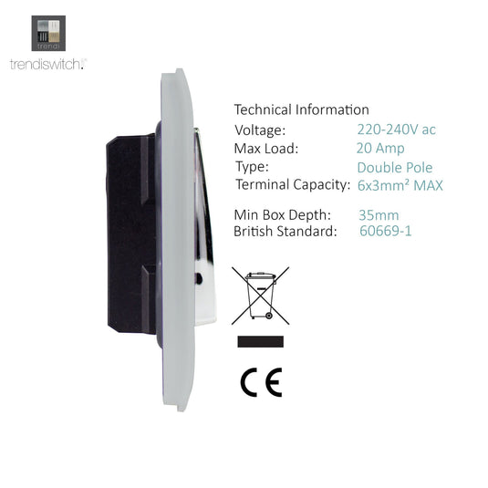 Trendi Switch ART-WHS1BS, Artistic Modern 20 Amp Neon Insert Double Pole Switch Brushed Steel Finish, BRITISH MADE, (25mm Back Box Required), 5yrs Warranty - 54304