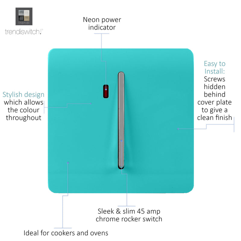 Load image into Gallery viewer, Trendi Switch ART-WHS1BT, Artistic Modern 20 Amp Neon Insert Double Pole Switch Bright Teal Finish, BRITISH MADE, (25mm Back Box Required), 5yrs Warranty - 54305
