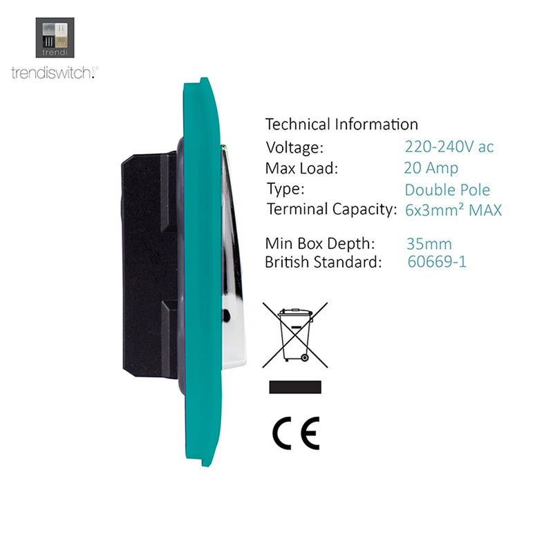 Load image into Gallery viewer, Trendi Switch ART-WHS1BT, Artistic Modern 20 Amp Neon Insert Double Pole Switch Bright Teal Finish, BRITISH MADE, (25mm Back Box Required), 5yrs Warranty - 54305
