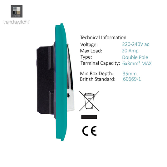 Trendi Switch ART-WHS1BT, Artistic Modern 20 Amp Neon Insert Double Pole Switch Bright Teal Finish, BRITISH MADE, (25mm Back Box Required), 5yrs Warranty - 54305