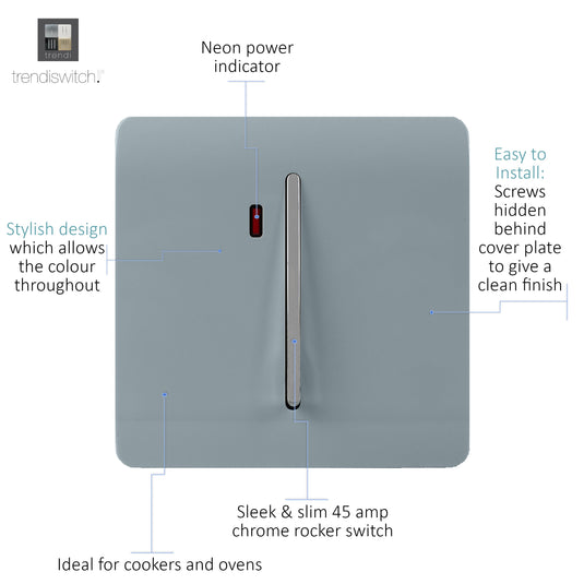 Trendi Switch ART-WHS1CG, Artistic Modern 20 Amp Neon Insert Double Pole Switch Cool Grey Finish, BRITISH MADE, (25mm Back Box Required), 5yrs Warranty - 54306