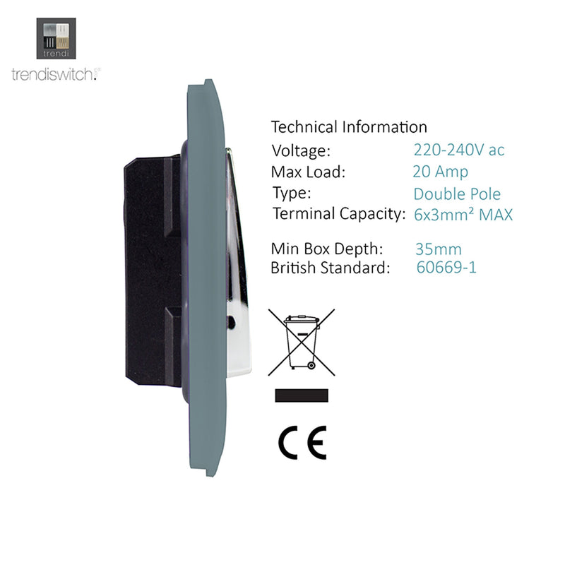 Load image into Gallery viewer, Trendi Switch ART-WHS1CG, Artistic Modern 20 Amp Neon Insert Double Pole Switch Cool Grey Finish, BRITISH MADE, (25mm Back Box Required), 5yrs Warranty - 54306
