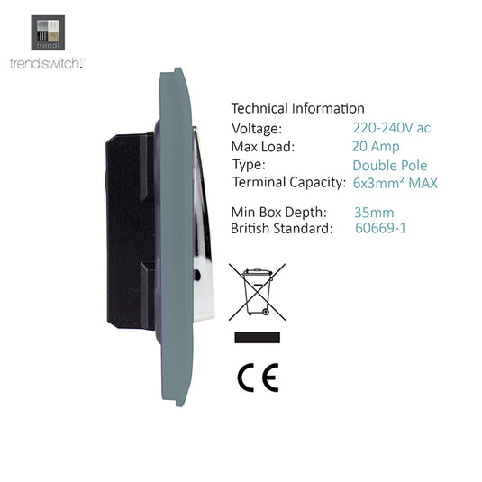 Trendi Switch ART-WHS1CG, Artistic Modern 20 Amp Neon Insert Double Pole Switch Cool Grey Finish, BRITISH MADE, (25mm Back Box Required), 5yrs Warranty - 54306