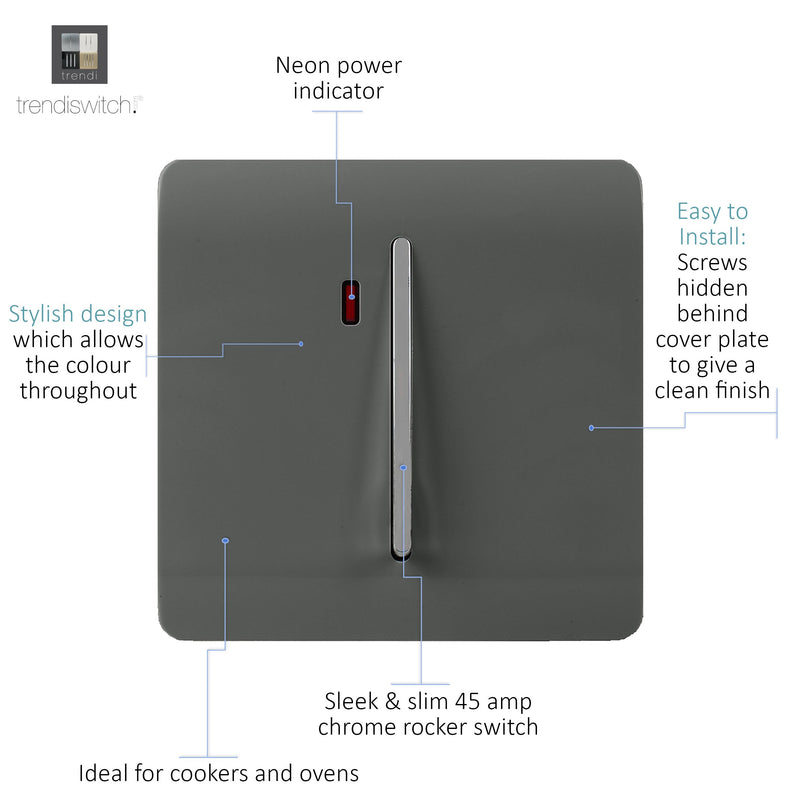 Load image into Gallery viewer, Trendi Switch ART-WHS1CH, Artistic Modern 20 Amp Neon Insert Double Pole Switch Charcoal Finish, BRITISH MADE, (25mm Back Box Required), 5yrs Warranty - 54307
