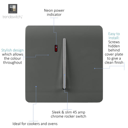 Trendi Switch ART-WHS1CH, Artistic Modern 20 Amp Neon Insert Double Pole Switch Charcoal Finish, BRITISH MADE, (25mm Back Box Required), 5yrs Warranty - 54307