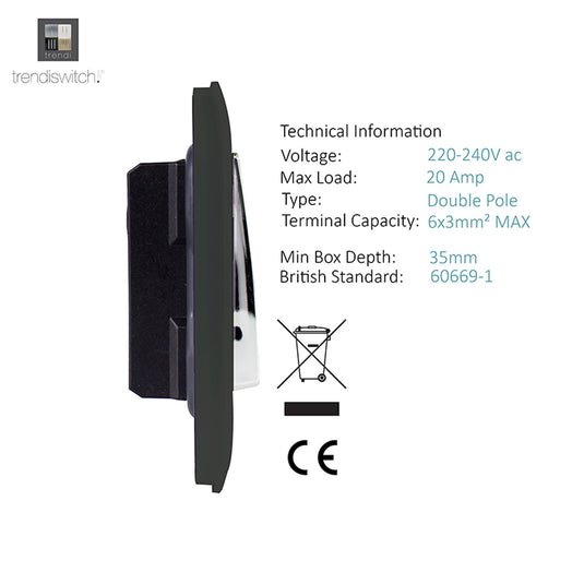 Trendi Switch ART-WHS1CH, Artistic Modern 20 Amp Neon Insert Double Pole Switch Charcoal Finish, BRITISH MADE, (25mm Back Box Required), 5yrs Warranty - 54307
