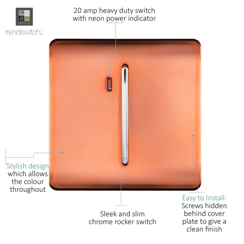Load image into Gallery viewer, Trendi Switch ART-WHS1CPR, Artistic Modern 20 Amp Neon Insert Double Pole Switch Copper Finish, BRITISH MADE, (25mm Back Box Required), 5yrs Warranty - 54308
