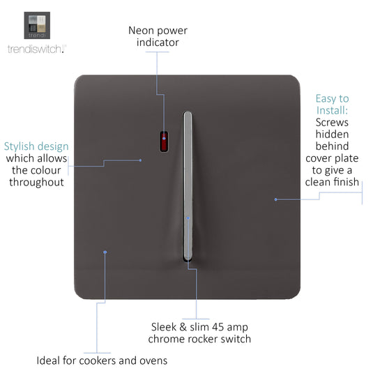 Trendi Switch ART-WHS1DB, Artistic Modern 20 Amp Neon Insert Double Pole Switch Dark Brown Finish, BRITISH MADE, (25mm Back Box Required), 5yrs Warranty - 54309