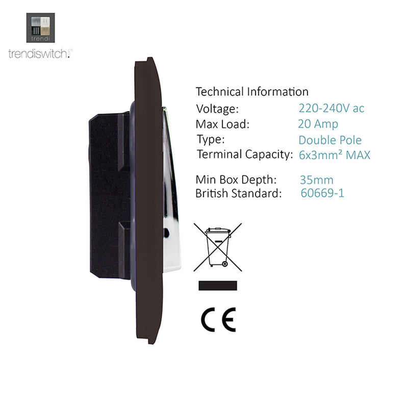 Load image into Gallery viewer, Trendi Switch ART-WHS1DB, Artistic Modern 20 Amp Neon Insert Double Pole Switch Dark Brown Finish, BRITISH MADE, (25mm Back Box Required), 5yrs Warranty - 54309
