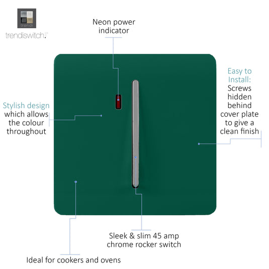 Trendi Switch ART-WHS1DG, Artistic Modern 20 Amp Neon Insert Double Pole Switch Dark Green Finish, BRITISH MADE, (25mm Back Box Required), 5yrs Warranty - 54310