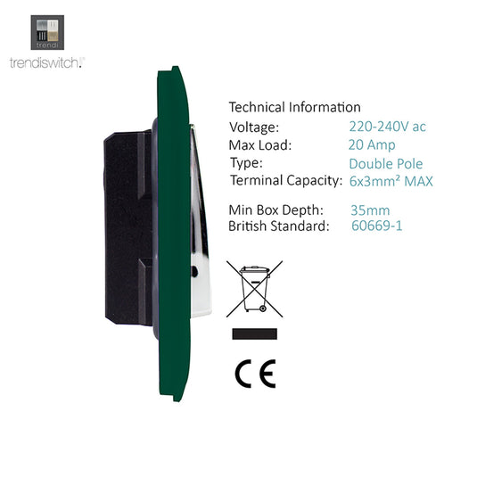 Trendi Switch ART-WHS2DG, Artistic Modern 45 Amp Neon Insert Double Pole Switch Dark Green Finish, BRITISH MADE, (35mm Back Box Required), 5yrs Warranty - 54346