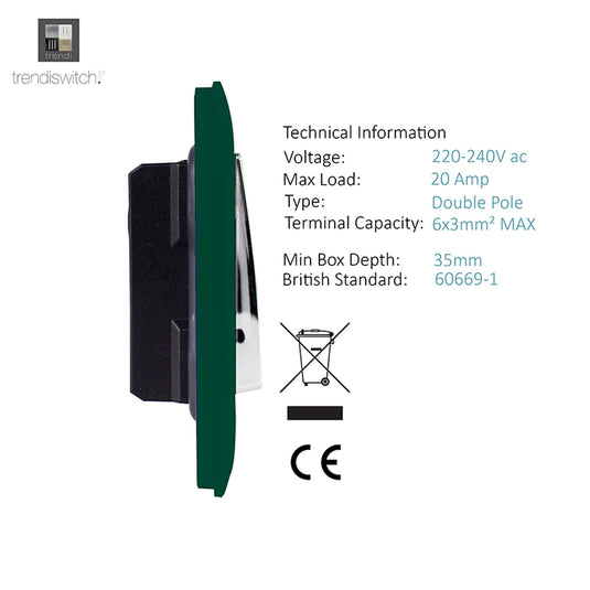 Trendi Switch ART-WHS1DG, Artistic Modern 20 Amp Neon Insert Double Pole Switch Dark Green Finish, BRITISH MADE, (25mm Back Box Required), 5yrs Warranty - 54310