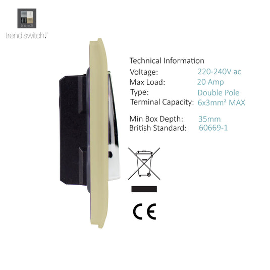 Trendi Switch ART-WHS1GO, Artistic Modern 20 Amp Neon Insert Double Pole Switch Champagne Gold Finish, BRITISH MADE, (25mm Back Box Required), 5yrs Warranty - 43956