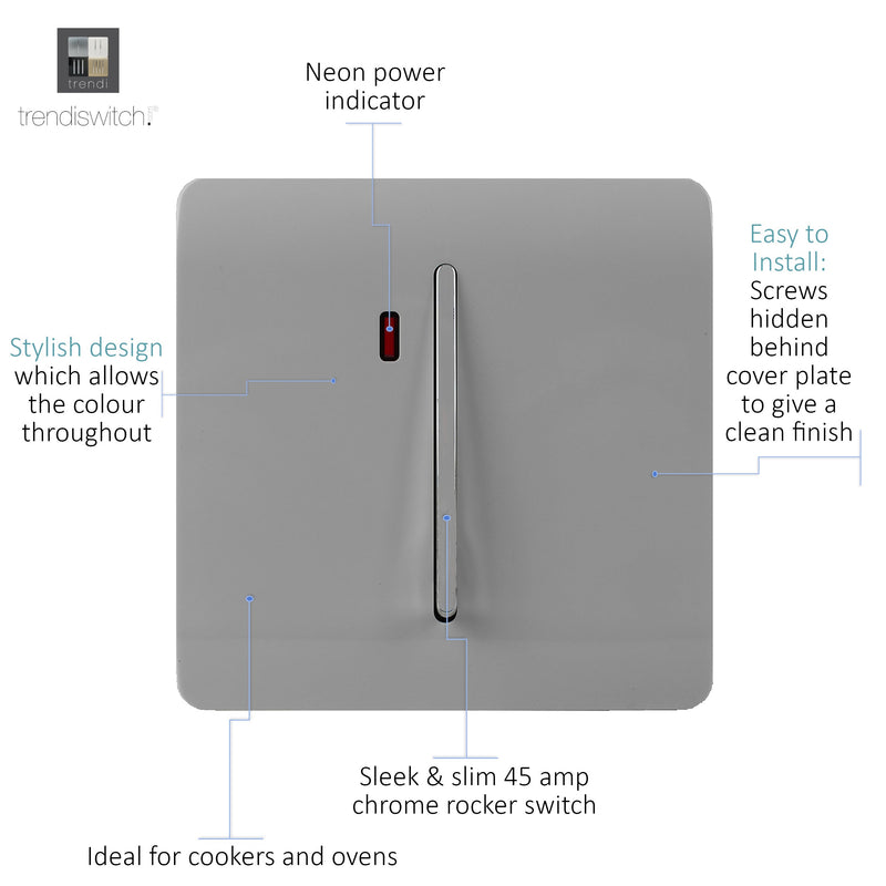 Load image into Gallery viewer, Trendi Switch ART-WHS1LG, Artistic Modern 20 Amp Neon Insert Double Pole Switch Light Grey Finish, BRITISH MADE, (25mm Back Box Required), 5yrs Warranty - 54311
