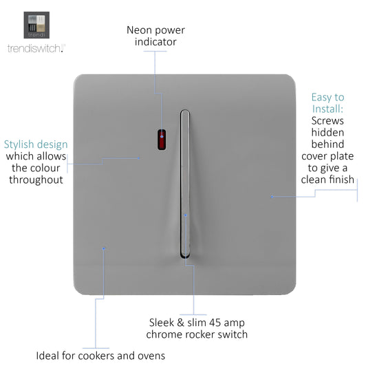 Trendi Switch ART-WHS1LG, Artistic Modern 20 Amp Neon Insert Double Pole Switch Light Grey Finish, BRITISH MADE, (25mm Back Box Required), 5yrs Warranty - 54311