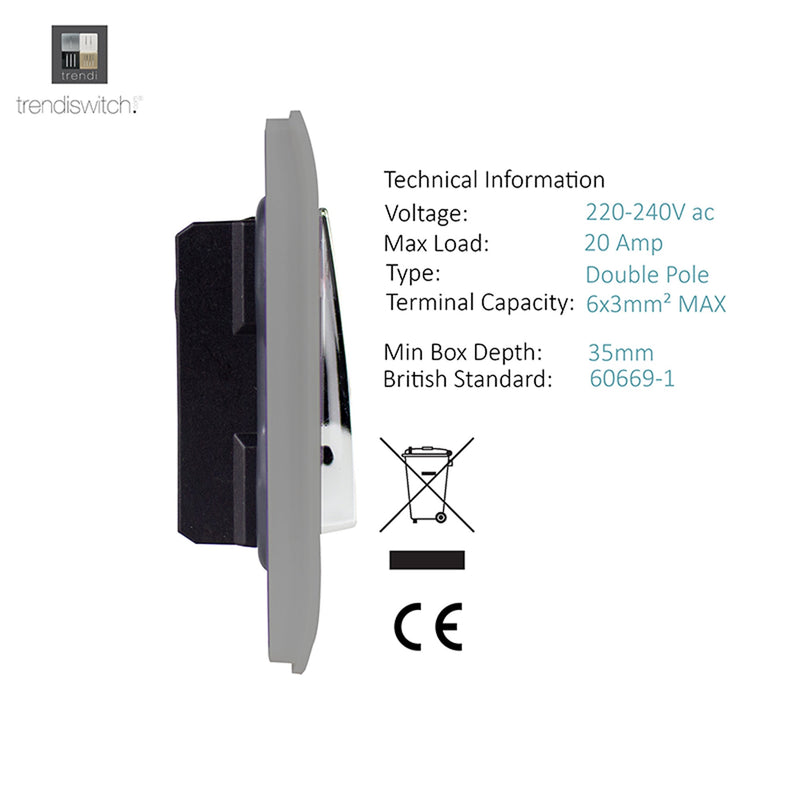 Load image into Gallery viewer, Trendi Switch ART-WHS1LG, Artistic Modern 20 Amp Neon Insert Double Pole Switch Light Grey Finish, BRITISH MADE, (25mm Back Box Required), 5yrs Warranty - 54311
