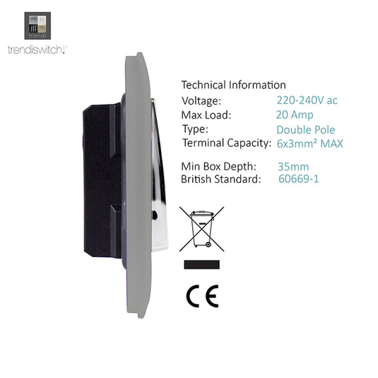 Trendi Switch ART-WHS2LG, Artistic Modern 45 Amp Neon Insert Double Pole Switch Light Grey Finish, BRITISH MADE, (35mm Back Box Required), 5yrs Warranty - 54347