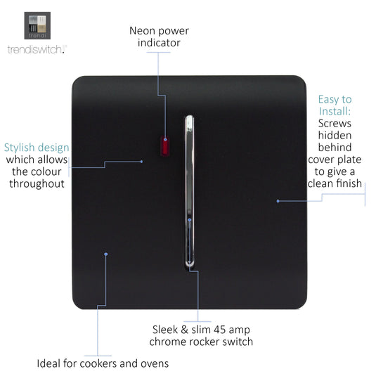 Trendi Switch ART-WHS1MBK, Artistic Modern 20 Amp Neon Insert Double Pole Switch Matt Black Finish, BRITISH MADE, (25mm Back Box Required), 5yrs Warranty - 43957