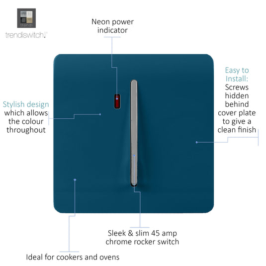 Trendi Switch ART-WHS1MD, Artistic Modern 20 Amp Neon Insert Double Pole Switch Midnight Blue Finish, BRITISH MADE, (25mm Back Box Required), 5yrs Warranty - 54312