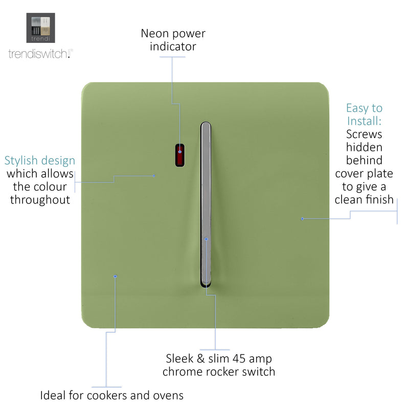 Load image into Gallery viewer, Trendi Switch ART-WHS1MG, Artistic Modern 20 Amp Neon Insert Double Pole Switch Moss Green Finish, BRITISH MADE, (25mm Back Box Required), 5yrs Warranty - 54313
