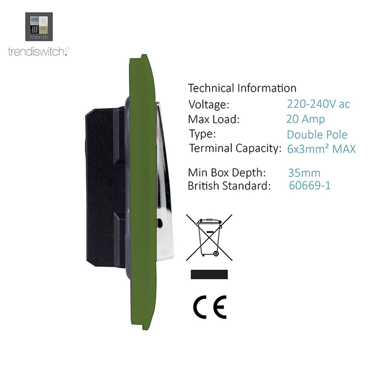 Load image into Gallery viewer, Trendi Switch ART-WHS1MG, Artistic Modern 20 Amp Neon Insert Double Pole Switch Moss Green Finish, BRITISH MADE, (25mm Back Box Required), 5yrs Warranty - 54313
